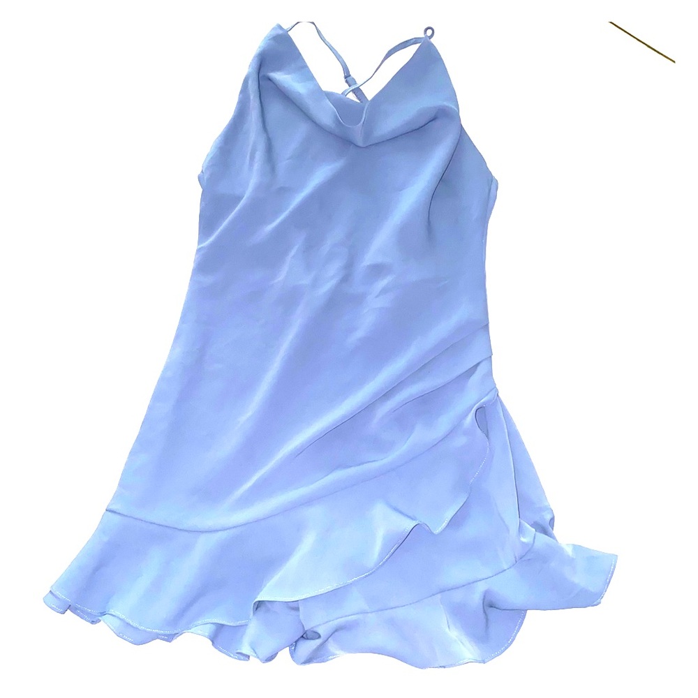 Blue cowl neck ruffle romper